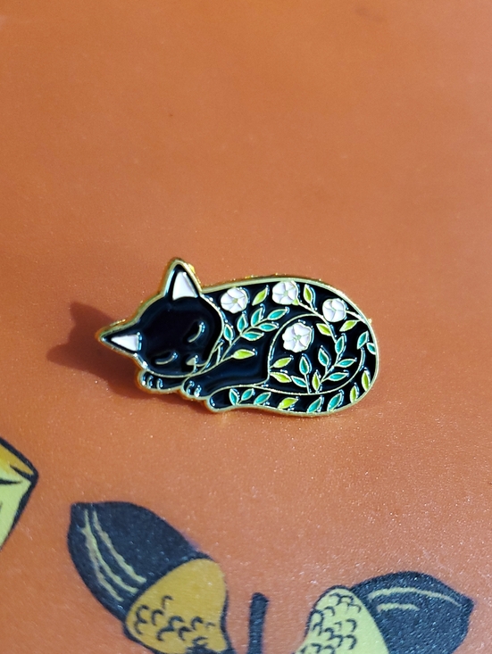 Other - Black Floral Sleeping Cat Enamel Pin for Cat Lovers
